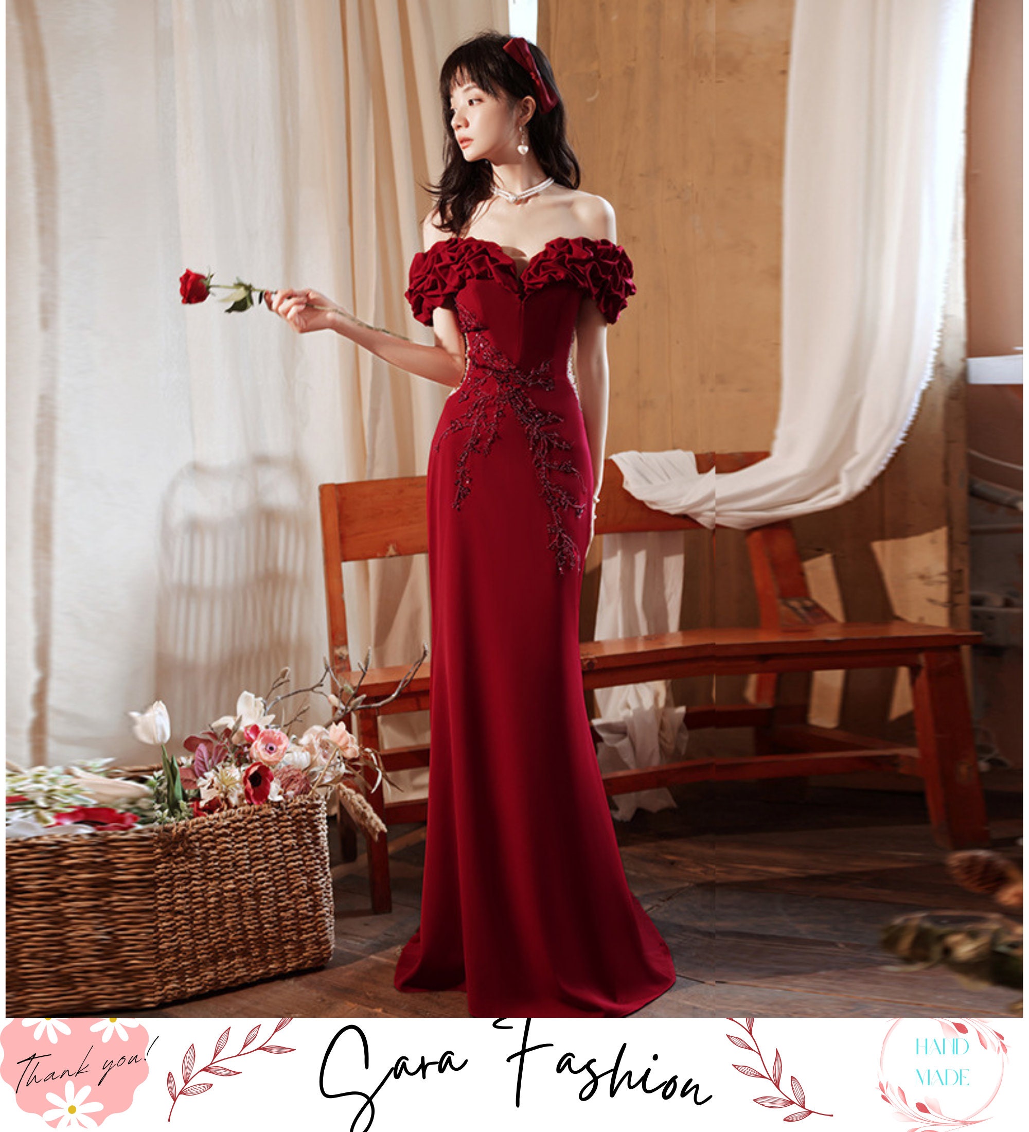 Gold Lace Appliqued Red Satin & 3D Rosette Prom Dress - VQ