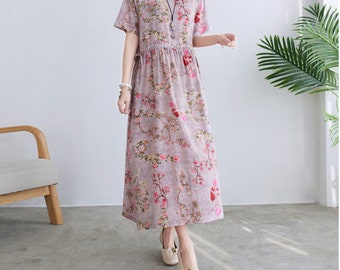 Summer Printed Cotton Dress Floral Casual Loose Robes Short Sleeves Dress Boho Midi Dresses Customize Dress Plus Size Clothes Linen Dress