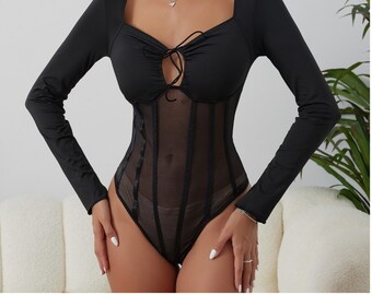 2024 New Season Long Sleeves Transparent Tulle High-end Black High-cut Thong Bodysuit - Premium Quality