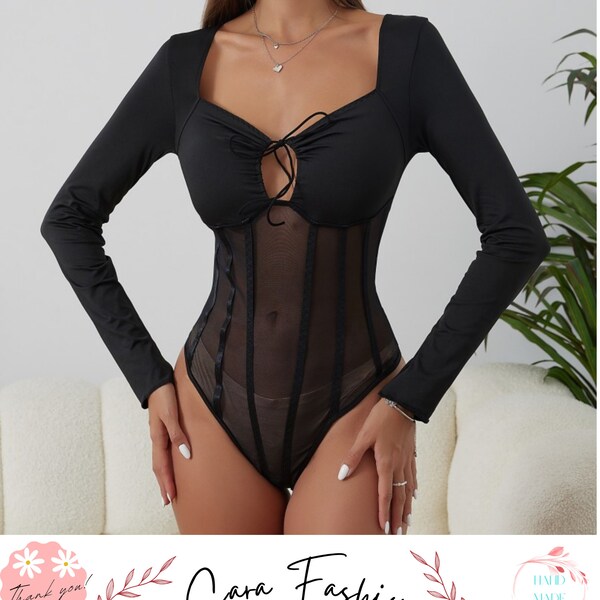 2024 New Season Long Sleeves Transparent Tulle High-end Black High-cut Thong Bodysuit - Premium Quality