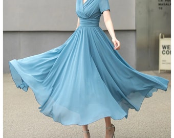 Blue Empire waist Chiffon Wedding dress, Bridesmaid dress, Summer women wedding guest dress, Prom dress, cocktail dress, Prom dress