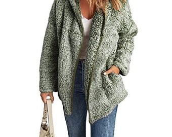 2024 Winter Langarm Solid Fuzzy Fleece Offene Front Kapuze Strickjacken Jacke Mäntel Oberbekleidung mit Tasche