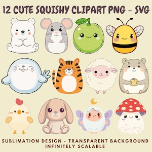 12 clipart PNG and SVG Images of Kawaii Squishmallow Style Animals for Sublimation, Stickers, Cutouts, Transfers