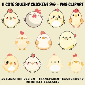 11 clipart PNG and SVG Images of Kawaii Squishmallow Style Chickens for Sublimation, Stickers, Cutouts, Transfers