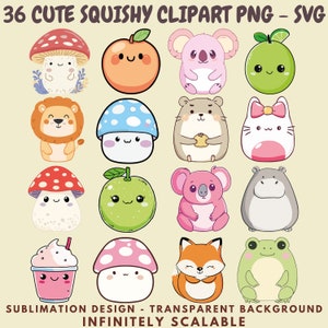 36 Clipart PNG and SVG Images of Kawaii Squishmallow Style Animals for Sublimation, Stickers, Cutouts, Transfers