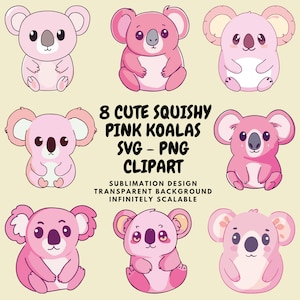 8 clipart PNG and SVG Images of Kawaii Squishmallow Style Koalas for Sublimation, Stickers, Cutouts, Transfers