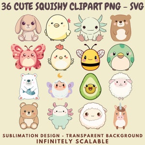 36 clipart PNG and SVG Images of Kawaii Squishmallow Style Animals for Sublimation, Stickers, Cutouts, Transfers