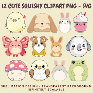 12 clipart PNG and SVG Images of Kawaii Squishmallow Style Animals for Sublimation, Stickers, Cutouts, Transfers