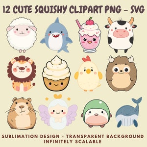 12 clipart PNG and SVG Images of Kawaii Squishmallow Style Animals for Sublimation, Stickers, Cutouts, Transfers