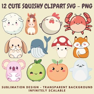 12 clipart PNG and SVG Images of Kawaii Squishmallow Style Animals for Sublimation, Stickers, Cutouts, Transfers