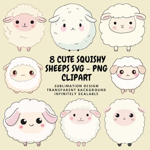 8 clipart PNG and SVG Images of Kawaii Squishmallow Style Sheeps for Sublimation, Stickers, Cutouts, Transfers