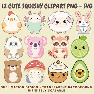 12 clipart PNG and SVG Images of Kawaii Squishmallow Style Animals for Sublimation, Stickers, Cutouts, Transfers