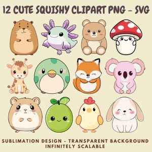 12 clipart PNG and SVG Images of Kawaii Squishmallow Style Animals for Sublimation, Stickers, Cutouts, Transfers