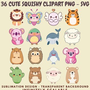 36 Clipart PNG and SVG Images of Kawaii Squishmallow Style Animals for Sublimation, Stickers, Cutouts, Transfers