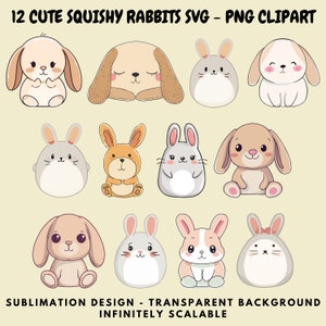 12 clipart PNG and SVG Images of Kawaii Squishmallow Style Rabbits for Sublimation, Stickers, Cutouts, Transfers