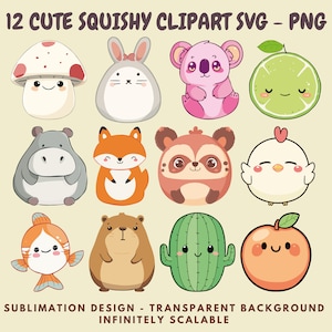 12 clipart PNG and SVG Images of Kawaii Squishmallow Style Animals and foods for Sublimation, Stickers, Cutouts, Transfers