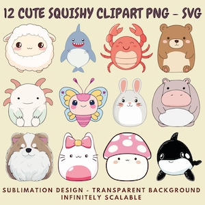 12 clipart PNG and SVG Images of Kawaii Squishmallow Style Animals for Sublimation, Stickers, Cutouts, Transfers