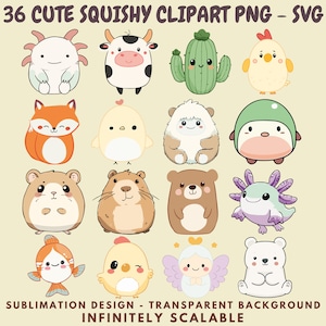 36 clipart PNG and SVG Images of Kawaii Squishmallow Style Animals for Sublimation, Stickers, Cutouts, Transfers