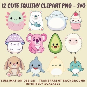 12 clipart PNG and SVG Images of Kawaii Squishmallow Style Animals for Sublimation, Stickers, Cutouts, Transfers