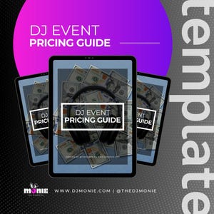 May include: Three digital tablets showing a "DJ Event Pricing Guide" with a background of money and headphones. The tablets are set against a gradient background of purple and grey, with the text "template" on the right side.