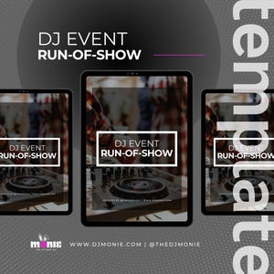 Puede incluir: Tres tabletas digitales que muestran una plantilla de programa de eventos de DJ. El texto "DJ EVENT RUN-OF-SHOW" está en un cuadro blanco en cada pantalla. El fondo es un degradado gris oscuro con la palabra "template" en blanco.