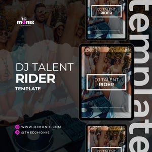 May include: Image with the text "DJ TALENT RIDER TEMPLATE" in white, set against a backdrop of people at an outdoor event. The image also includes a logo and website details.