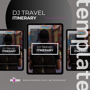 May include: A digital template for a DJ travel itinerary, displayed on three tablets. Each tablet shows a person with a backpack, with the text "DJ TRAVEL ITINERARY" in a white box. The background is a blurred city scene.