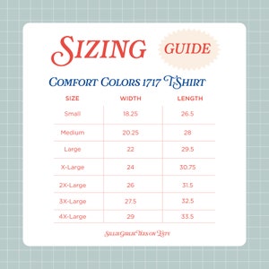 Op de afbeelding: Maattabel voor een T-shirt van het merk "Comfort Colors 1717 T-Shirt". De tabel toont de maat, de breedte in inches en de lengte in inches voor maten S tot en met 4XL.