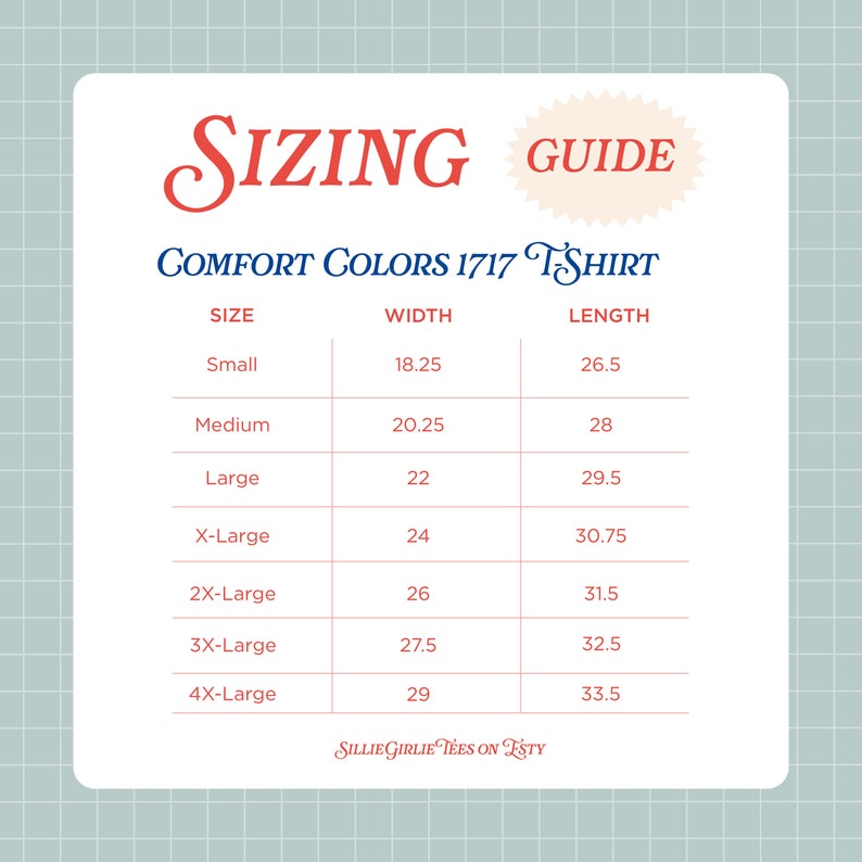Op de afbeelding: Maattabel voor een T-shirt van het merk "Comfort Colors 1717 T-Shirt". De tabel toont de maat, de breedte in inches en de lengte in inches voor maten S tot en met 4XL.