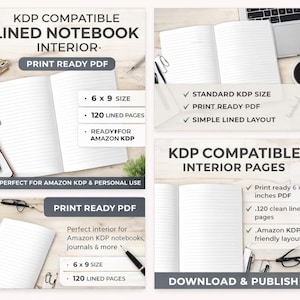 May include: A digital product image showcasing KDP-compatible lined notebook interiors. The design includes print-ready PDFs with 6 x 9 inch size and 120 lined pages. The image also highlights the notebook's compatibility with Amazon KDP and its suitability for personal use.