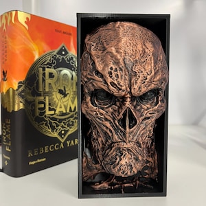 Könnte beinhalten: Eine detaillierte, kupferfarbene Skulptur eines schädelartigen Gesichts wird in einem schwarzen Rahmen präsentiert. Die Skulptur hat eine strukturierte Oberfläche und befindet sich neben einem Buch mit einem feurigen Einband und dem Titel "Iron Flame".