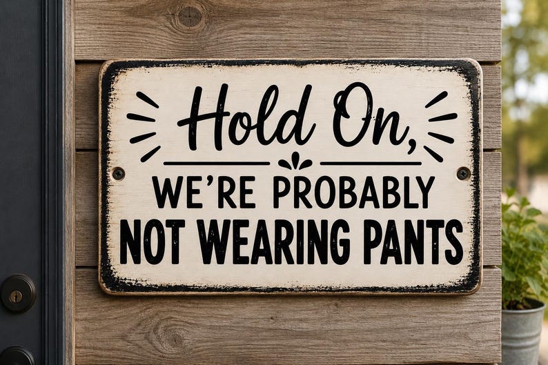 Op de afbeelding: Een rechthoekig metalen bord met een cr&egrave;mekleurige achtergrond en versleten zwarte randen. Het bord bevat zwarte tekst met de tekst "Hold On, WE'RE PROBABLY NOT WEARING PANTS", met decoratieve lijnen en kleine versieringen boven en onder de tekst.