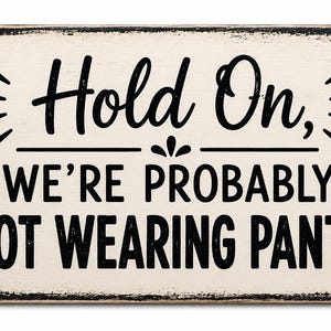 Op de afbeelding: Een rechthoekig gebroken wit metalen bord met versleten zwarte randen en de zwarte tekst Hold On, WE'RE PROBABLY NOT WEARING PANTS. Het bord heeft twee kleine ronde montagegaten aan de zijkanten en is voorzien van decoratieve zwarte lijnen.