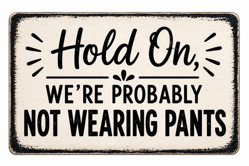 Op de afbeelding: Een rechthoekig bord met een verweerde zwarte rand en een gebroken witte achtergrond. De tekst luidt "Hold On, WE'RE PROBABLY NOT WEARING PANTS" in zwarte letters, met decoratieve lijnen en een klein bloemachtig accent tussen de regels.