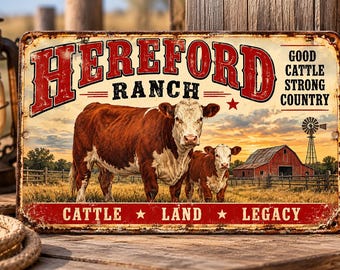 Op de afbeelding: Een rechthoekig metalen bord met een bruin-witte koe en kalf in een weiland met een rode schuur en windmolen. De tekst luidt HEREFORD RANCH, GOOD CATTLE STRONG COUNTRY en CATTLE LAND LEGACY. Het bord heeft een verweerde, rustieke afwerking.