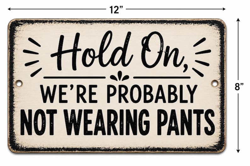 Op de afbeelding: Een rechthoekig metalen bord met een verweerde cr&egrave;mekleurige achtergrond en zwarte tekst die luidt: "Hold On, WE'RE PROBABLY NOT WEARING PANTS". Het bord heeft twee montagegaten aan de zijkanten en meet 30,48 cm breed bij 20,32 cm hoog.