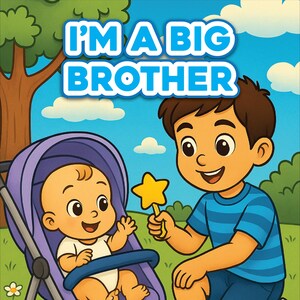 Könnte beinhalten: Kinderbuchcover mit dem Text "I'M A BIG BROTHER" in Blau und Weiß. Die Illustration zeigt einen lächelnden Jungen, der einen Sternenstab hält und ein Baby in einem lila Kinderwagen ansieht. Das Buch trägt den Titel "A Coloring Book for New Big Brothers".