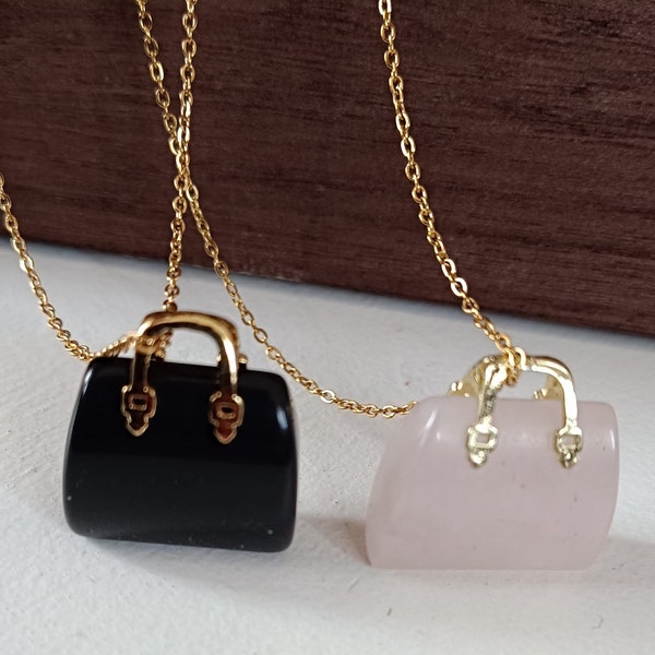 Collier Sac à main pierres naturelles - Quartz rose-Onyx- Acier inoxydable or