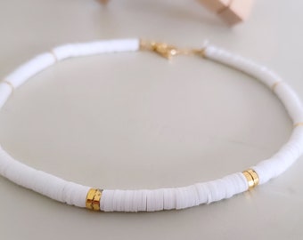 Collar Lola surfer heishi blanco/oro 6 mm - Joyería más vendida