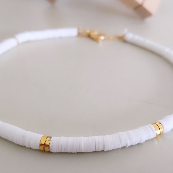 Collier  heishi  Lola surfeur  blanc/doré 6 mm- Bijoux plus vendus