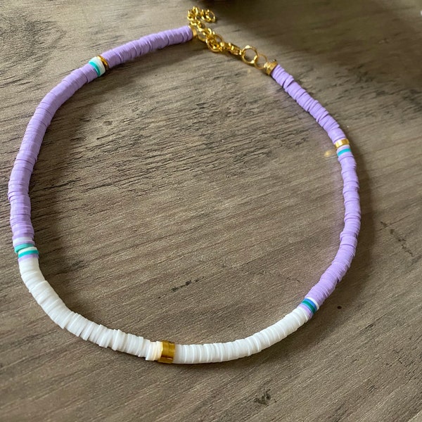 Collier  heishi  parme. et blanc- Doré  6 mm- Bijoux plus vendus