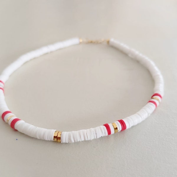 Collier  heishi   blanc - Rouge - Doré  6 mm- Bijoux plus vendus