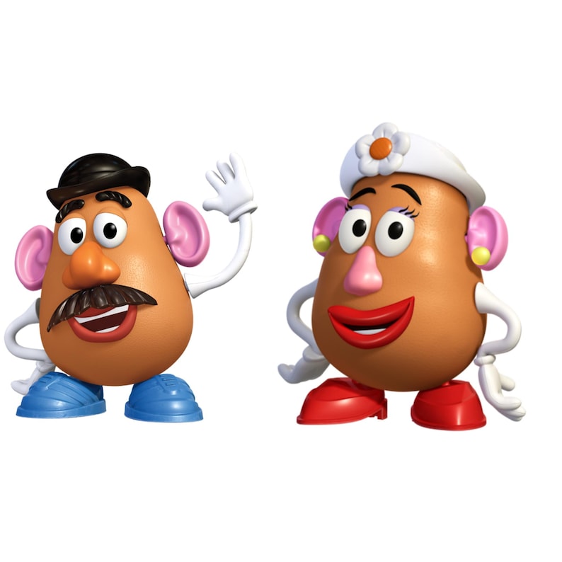May include: A pair of Mr. and Mrs. Potato Head toys. Mr. Potato Head is wearing a black hat and blue shoes. Mrs. Potato Head is wearing a white hat with a flower and red shoes.