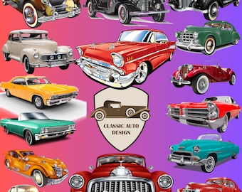 May include: A collage of vintage cars in various colours, including red, blue, green, yellow, and black. The cars are all classic models from the 1950s and 1960s. The image is titled "Classic Auto Design".