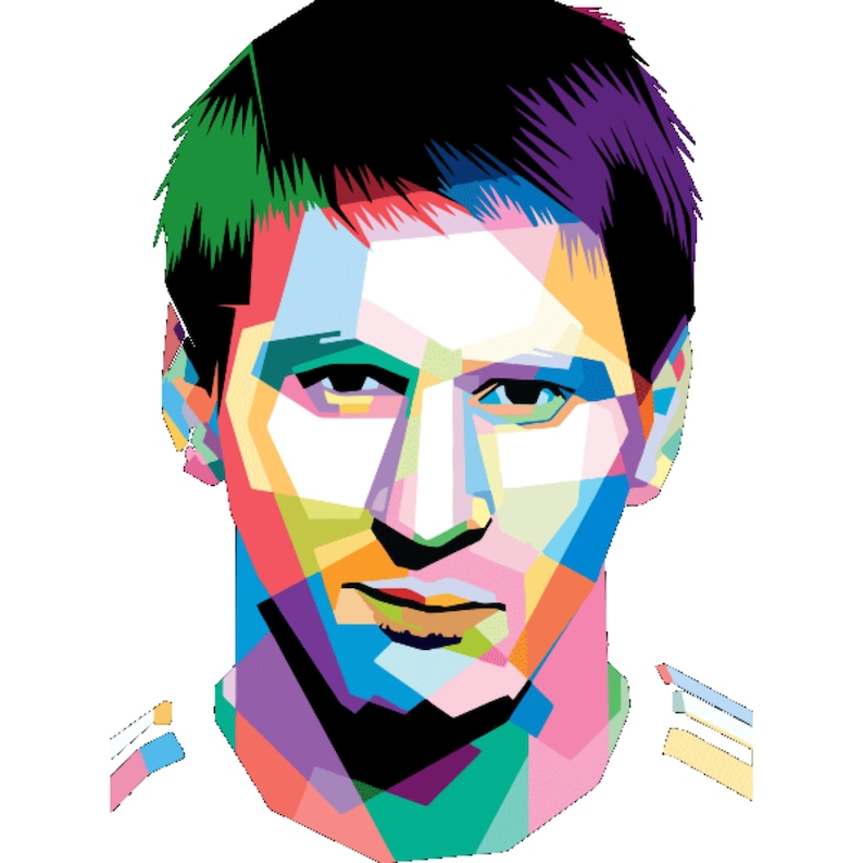 May include: A colorful, geometric portrait of a person with short, dark hair. The portrait is created using a variety of bright colors, including red, blue, green, yellow, and purple.