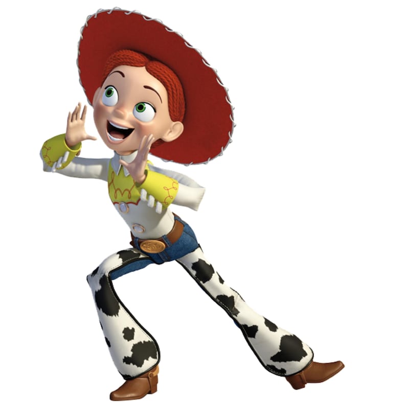 May include: A red-haired cartoon character wearing a red cowboy hat, a white shirt with a yellow vest, blue jeans, and black and white cow print pants. The character is smiling and has her hands raised in the air.