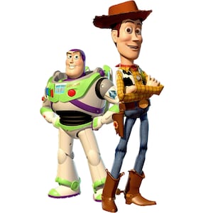 May include: Toy Story characters Woody and Buzz Lightyear. Woody is wearing a brown cowboy hat, a yellow shirt, a brown belt, and blue jeans. Buzz Lightyear is wearing a green and white spacesuit with purple accents.