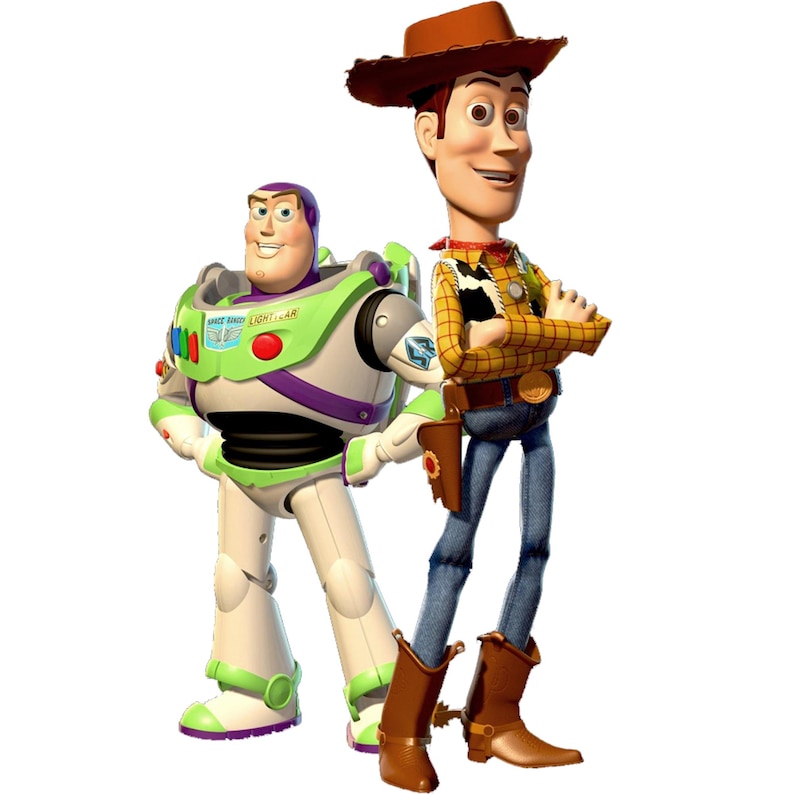 May include: Toy Story characters Woody and Buzz Lightyear. Woody is wearing a brown cowboy hat, a yellow shirt, a brown belt, and blue jeans. Buzz Lightyear is wearing a green and white spacesuit with purple accents.