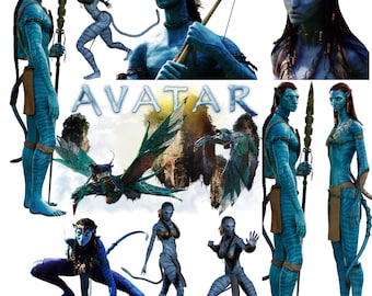 Peut inclure: Une illustration numérique de plusieurs personnages à peau bleue du film Avatar. Les personnages sont posés dans diverses poses d'action, y compris en tenant des armes et en chevauchant une créature volante. Le mot "AVATAR" est écrit en grandes lettres au milieu de l'image.