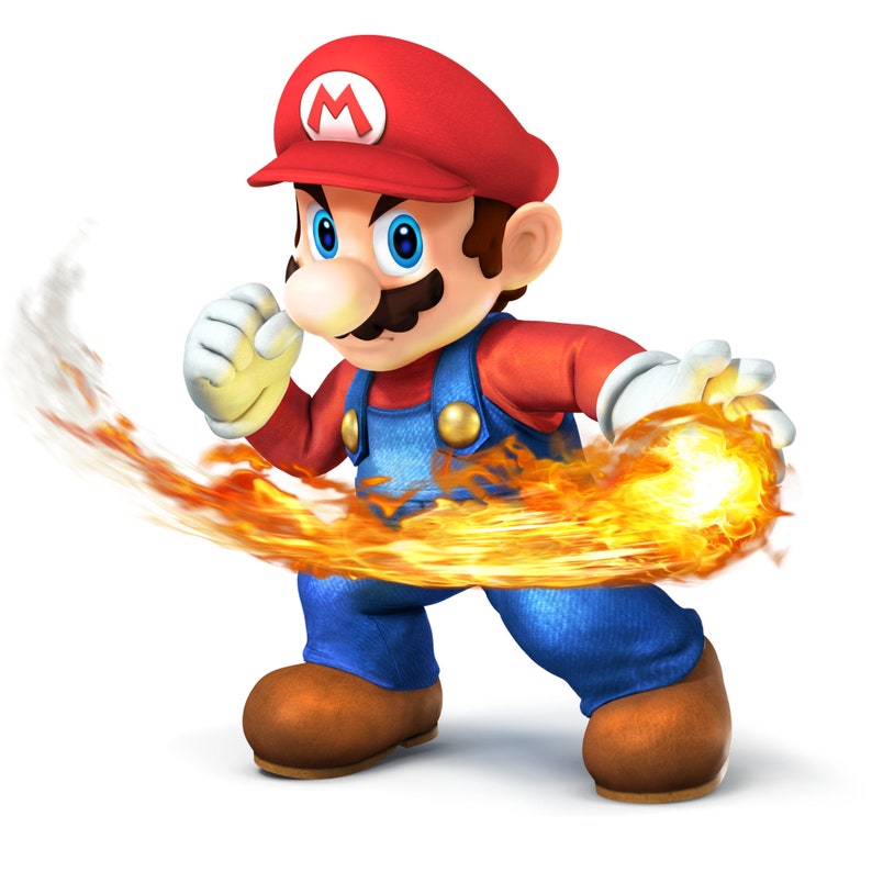 May include: A red and blue video game character with a red cap and mustache, holding a ball of fire in his right hand. The character is surrounded by a ring of fire.